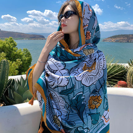 Ethnic Style Printed Silk Scarf Women's Seaside Travel Sun Protection Gauze Air Conditioning Warm Scarf Versatile Long Shawl