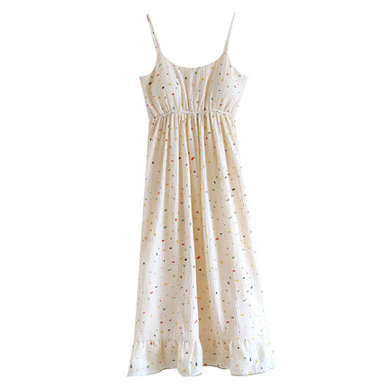 Summer Bra-free Cotton Crepe Chest Pad Sling Thin Nightgown Women's Double-layer Gauze Exterior Wear