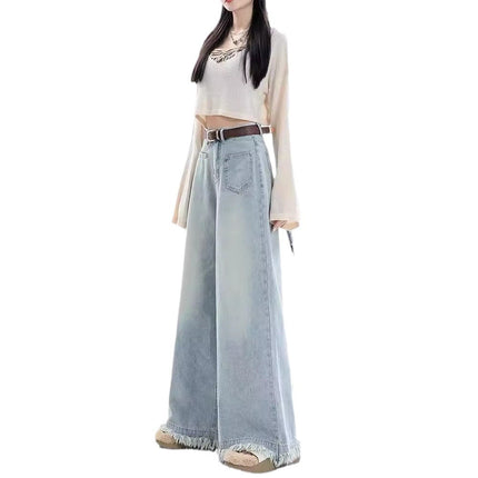 Wide Leg Jeans Women's Summer High Waist Slimming Loose Burr Edge Design Sense Dipped Pear-Shaped Figure Small Straight Pants