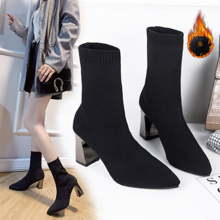 Knitted Stretch Socks Boots Women's Short Boots 2023 Autumn and Winter Explosions Single Boots Pointed Thick Heel High Heels Slim Look Martin Boots