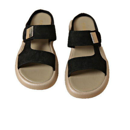 2025 Export Large Size Retro Casual Style Sandals Open-Toe Metal Logo Round Toe Thick-Soled Slip-On Beach Shoes for Women