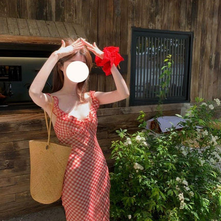 Cooked Cherry Red Plaid Suspender Fishtail Skirt Women's Spring and Summer 2025 New French Style Gentle Seaside Vacation dress
