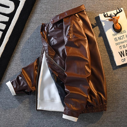 American retro motorcycle leather coat men's high-end feeling ruffian handsome lapel clip flow handsome top home figure# PU02