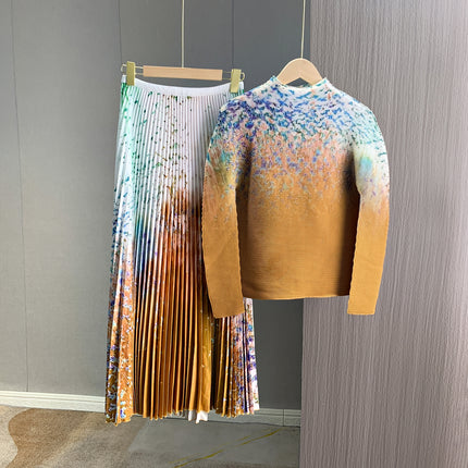 European-Style Early Autumn New Design Stylish Printed Pleated Skirt Set 2024 High-End Fashion Two-Piece Set for Women