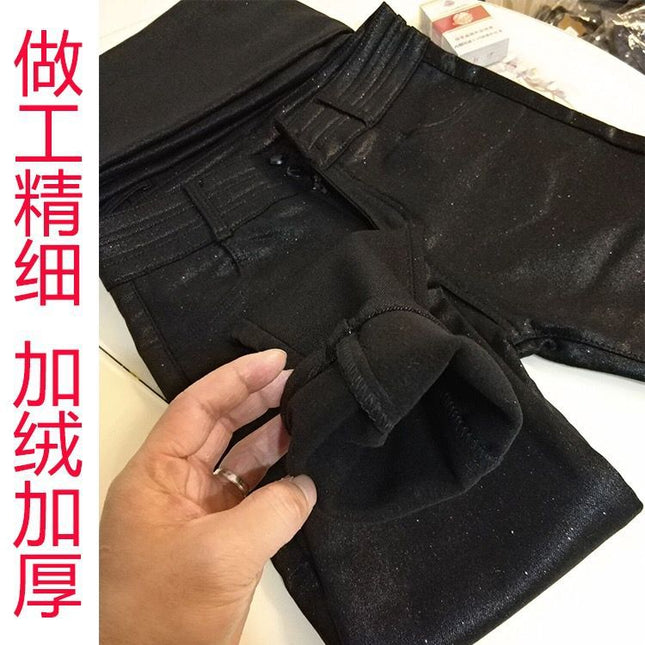 Autumn and Winter New 2025 Popular Women's High-Waisted Matte Gold Leather Leggings with Fleece Lining and Thickened for Outerwear