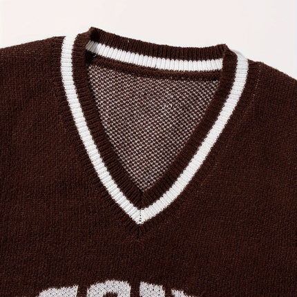 Brown V-Neck Knitted Vest with Eye-Catching "Brooklyn" Letter Jacquard and White Trim