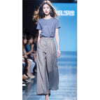 Blue top + gray wide-leg pants / S