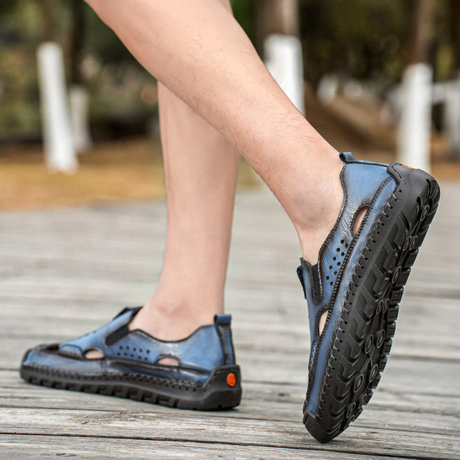 Cross-Border Hot-Selling Summer New Products Large Size Hand-Stitched Casual Breathable Mesh Genuine Leather Toe-Cap Sandals and River Shoes