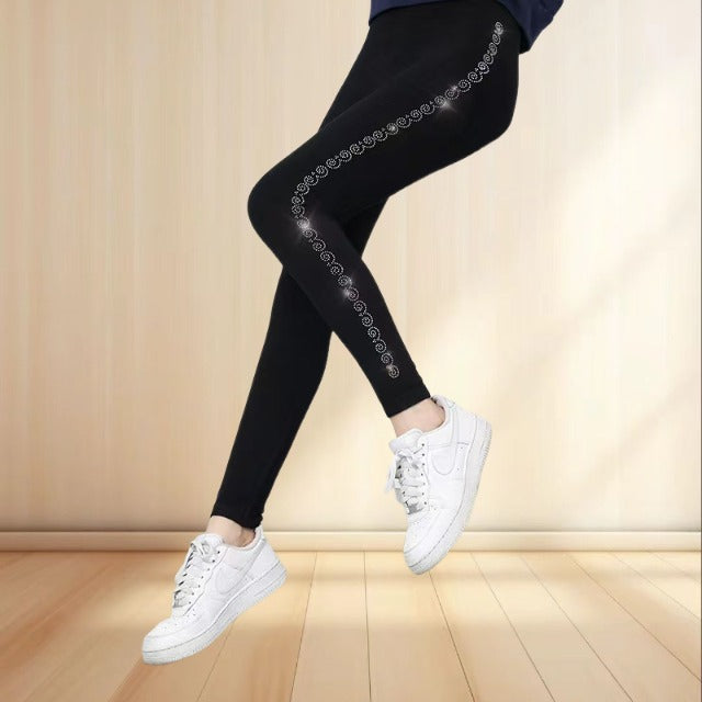 Side Diamond-Embellished Seamless Fleece-Lined Leggings for Women, Warm and Plush, Plus-Size Cropped Pants