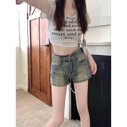 Hot Girl Petite American Denim Shorts Women's High-Waisted Washed Summer Design New Retro Hot Pants Slimming Pants