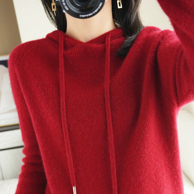 Qingcang] Autumn and Winter Hooded Sweatshirt Women's Knitted Knitwear Hoodie Loose Bottoming Large Size Bottoming Knitwear Outer Top