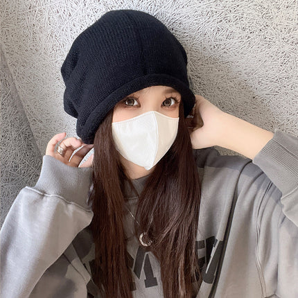 Korean Style Warm Rolled Edge Pullover Women's Drawstring Lazy Style Slouchy Beanie Autumn and Winter Fashion New Cold Hat