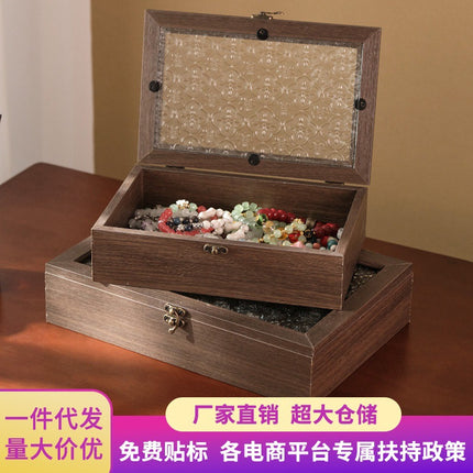 Begonia Flower Glass Storage Box Retro Wooden Desktop Debris Organizer Flip-Top Wooden Box Decoration Dressing Table Jewelry Box