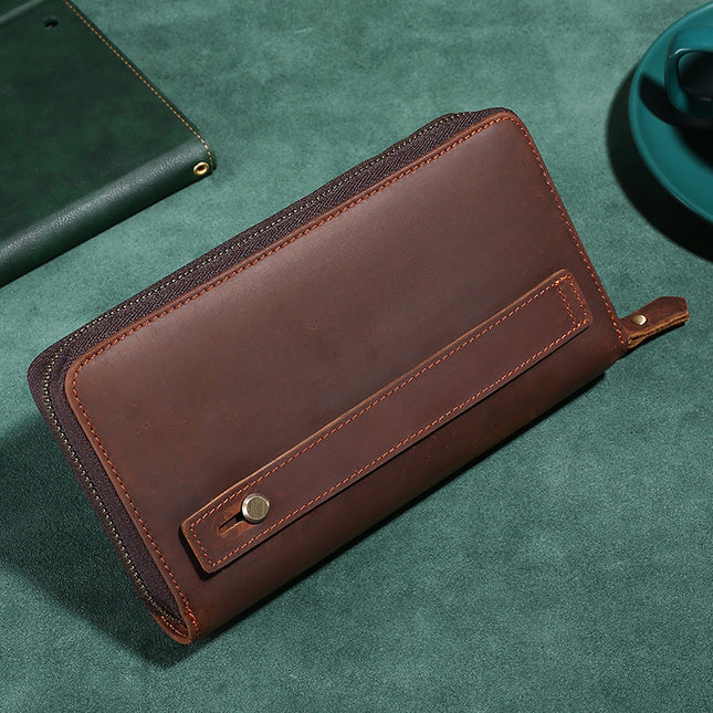 Douyin's Popular Upgraded Large-Capacity Genuine Leather Men's Clutch Crazy Horse Leather Cigarette Mobile Phone All-In-One Clutch Wallet