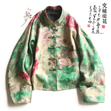 Yang Mi same style retro Chinese style buckle jacquard green slimming coat high waist black versatile slimming skirt
