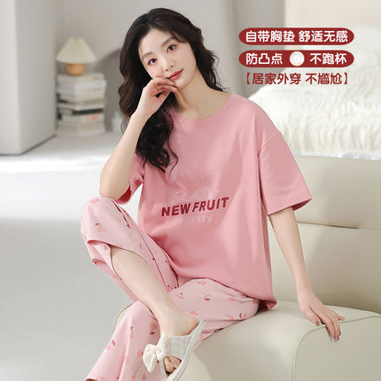Pajamas Women's Summer Short-sleeved Knitted Cotton Wear-free Bra with Chest Pad Can be Wearing Outer-wear Anti-sudden Sleeping Beauty-making Home Wear Casual Wear