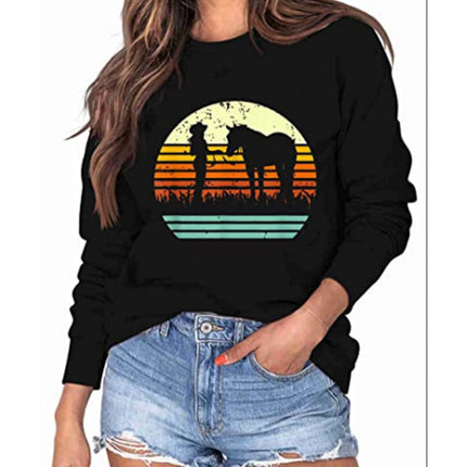 Cross-border Foreign Trade Source Crewneck Women and Horse Pattern Printed Crewneck Jacket Sweatshirt European Size Ladies