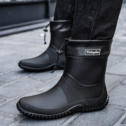 Cross-Border Drawstring Fixed Rain Boots for Men, Short-Tube Waterproof Shoes, Rain Boots, Non-Slip Water Boots, Men's Thick-Soled Kitchen Low-Tube Rubber Shoes