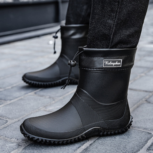 Cross-Border Drawstring Fixed Rain Boots for Men, Short-Tube Waterproof Shoes, Rain Boots, Non-Slip Water Boots, Men's Thick-Soled Kitchen Low-Tube Rubber Shoes