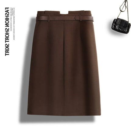 Woolen Skirt Women's Mid-Length 2024 Autumn and Winter High-Waisted Brown Petite Slit A-Line Hip Skirt Winter Skirt