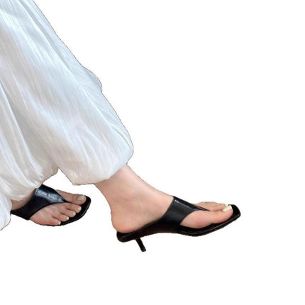 Korean Style Simple Flip-Flops for Women, Fashionable and Versatile, with Thin Heels, Medium Heels, Square Toe, High Heels, and Toe-Clamping Sandals for Women