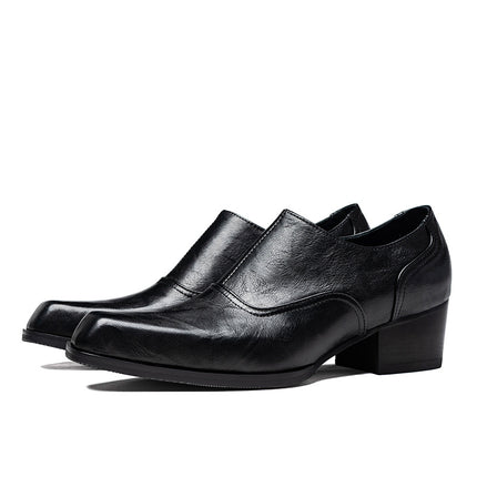 One-piece delivery original 5cm high heel square toe leather shoes men's first layer cowhide hand grip pattern formal wear height increasing Derby shoes