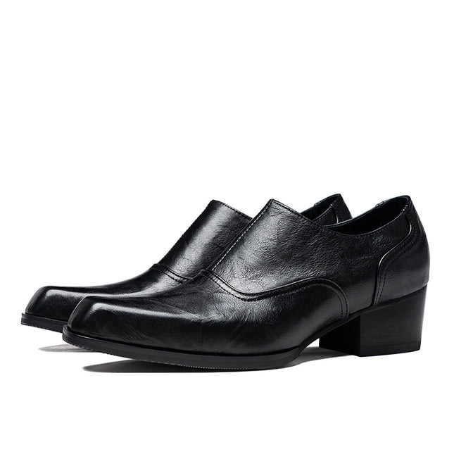 One-piece delivery original 5cm high heel square toe leather shoes men's first layer cowhide hand grip pattern formal wear height increasing Derby shoes