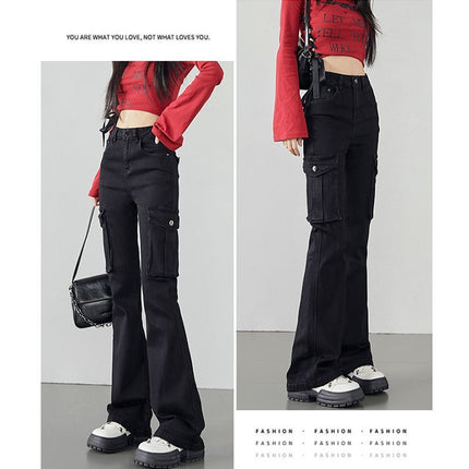 High Waist Micro Horn Denim Cordwork Pants Women's Autumn and Winter 2024 New American Black Slim Look Multi-Pocket Mop Pants