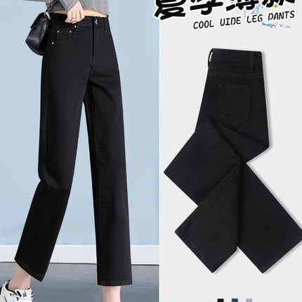 Black Straight-Leg Jeans for Women, 2026 New Summer Thin Style, Petite High-Waisted Slimming Cropped Cigarette Pants