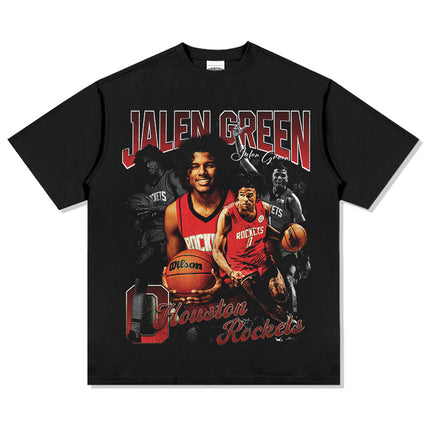 Jalen Green American Printed Long-Sleeved Short-Sleeved T-Shirt Washed and Distressed Heavy Loose Men's Clothing