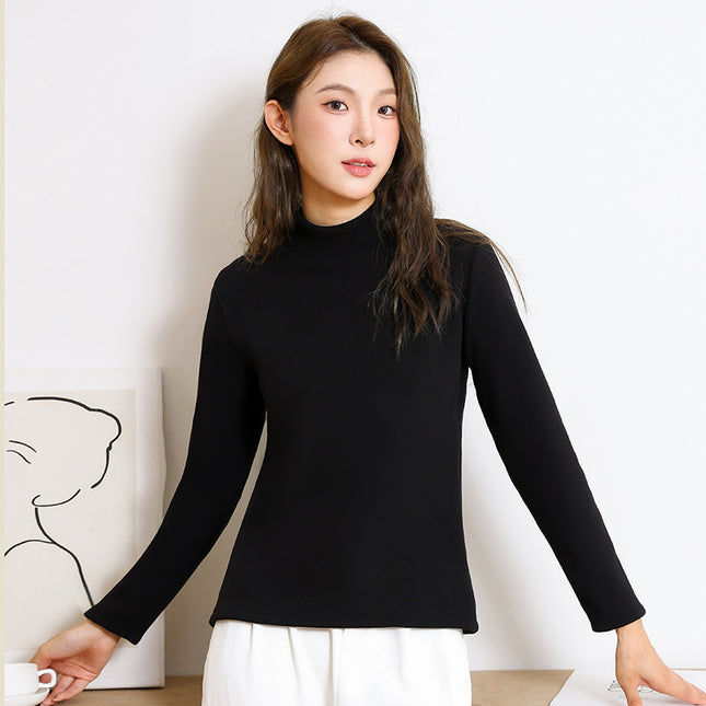 New Women's Base Layer Top for Autumn and Winter, Red Long-Sleeve Brushed Fleece Thickened Thermal Underwear Versatile High-Neck Top