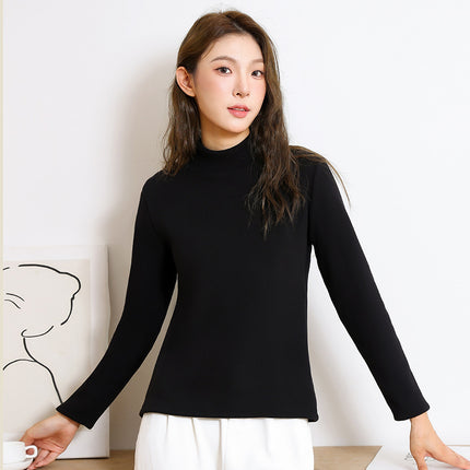New Women's Base Layer Top for Autumn and Winter, Red Long-Sleeve Brushed Fleece Thickened Thermal Underwear Versatile High-Neck Top