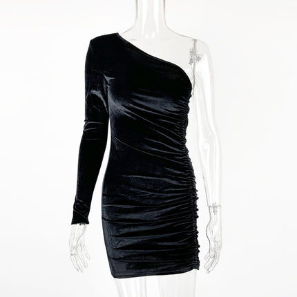 European and American Style 2023 Winter Amazon Cross-border New Women's Sexy Slim Fold Shoulder Slant Collar Dress