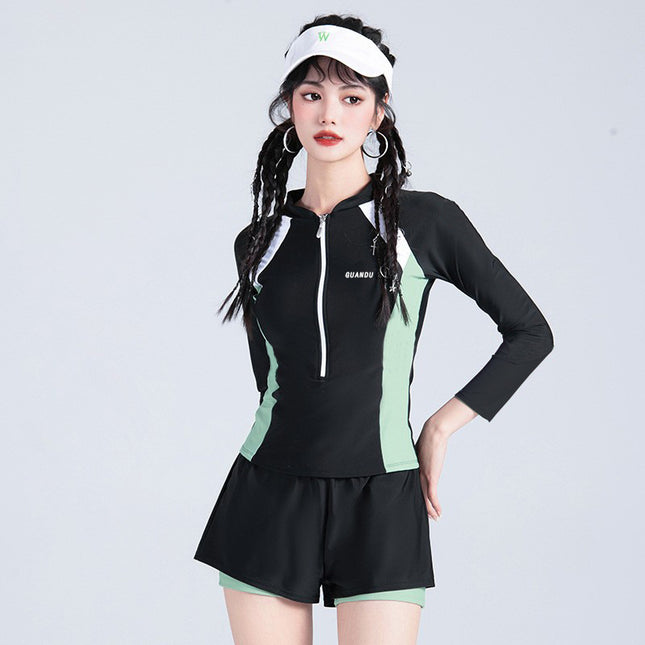 2026 New Style Women's Long-Sleeved Conservative Slimming Tummy-Covering Sports Training Swimsuit for Sweet Girls, Hot Spring Girls, and Students