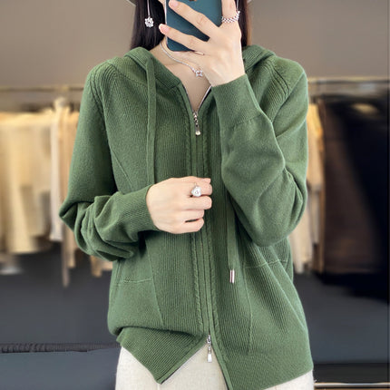 Wool Blend 2026 Autumn and Winter New Women's Hooded Sweatshirt Loose Plus-Size Short Knitted Hoodie Base Layer Cardigan