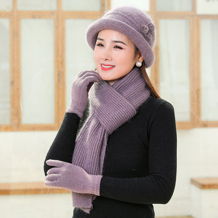 Velvet Warm Knitted Rabbit Fur Hat for Women Autumn and Winter Cold-Proof Gloves Scarf Basin Hat K-Style Trendy Middle-Aged and Elderly People