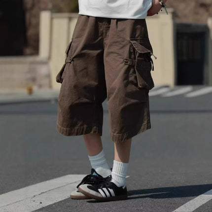 American Retro Multi-Pocket Cargo Cropped Pants Summer New Trendy Men's Loose Straight Cleanfit Over-The-Knee Shorts
