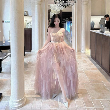 Sense Irregular Socialite dress Waist Long Dress Gown Light Luxury Niche Elegant Strapless Dress suit
