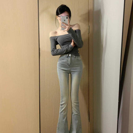 light blue Stretch High Micro-flared Jeans Women's Spring and Autumn New High Waist Loose Slim-fit All-match Trendy Trendy Mop Pants