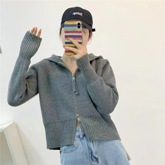 2025 Sweater Women's Age-reducing Design Sense Double-head Zipper Hooded Short Knitted Cardigan Fashionable Internet Popular Top