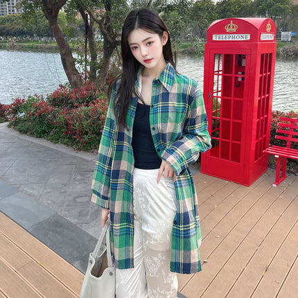 Cotton Linen Shirt Women's Mid-length Spring and Summer Vintage Thin Coat Loose Green Plaid Shirt Design Chic Top
