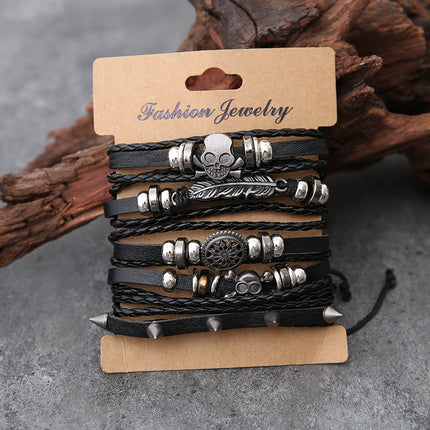Cross-Border Hot-Selling European and American Jewelry Punk New Cowhide Buckle Bracelet Skull Beaded Leather Bracelet Jewelry