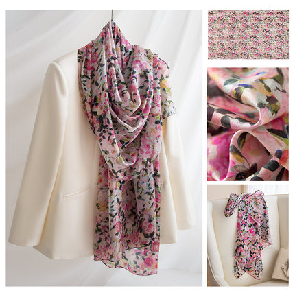 Autumn New Arrival Mulberry Silk Scarf for Women, Green Small Floral Shawl, Long Silk Scarf, Ready for Wholesale