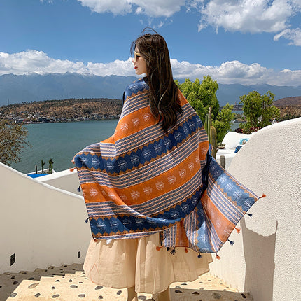 Ethnic Style Printed Silk Scarf Women's Seaside Travel Sun Protection Gauze Air Conditioning Warm Scarf Versatile Long Shawl