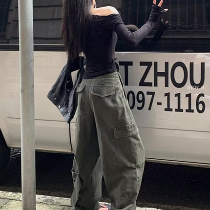 American Retro Army Green Multi-Pocket Design Cargo Pants for Women 2025 Summer High-Waisted Wide-Leg Floor-Length Jeans