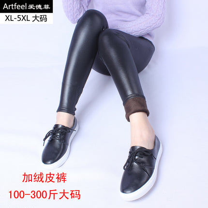 Edffy Winter fleece-lined Yiwu plus size Leather Pants Fashion Imitation Leather Warm Pants fleece-lined Thickened Leggings