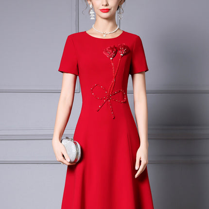 Zhili 2026 Stunning Dress for Women, New Summer Style with Beaded Flowers, Formal Occasion Red Waist-Cinching Dress