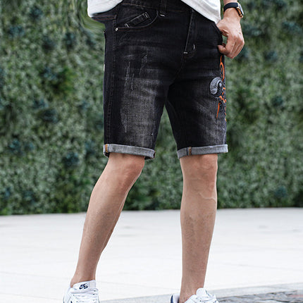 Cross-Border Popular Summer Men's Jeans Straight Fashion Street Fashion High-End Casual Elastic Five-Point Pants New Style
