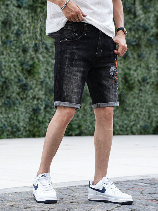 Cross-Border Popular Summer Men's Jeans Straight Fashion Street Fashion High-End Casual Elastic Five-Point Pants New Style