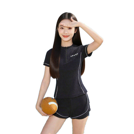 Sports Style 2025 Split Solid Color Suit Swimsuit Women's Short-Sleeved Quick-Drying High-End Slimming Look Hot Spring Vacation Swimsuit